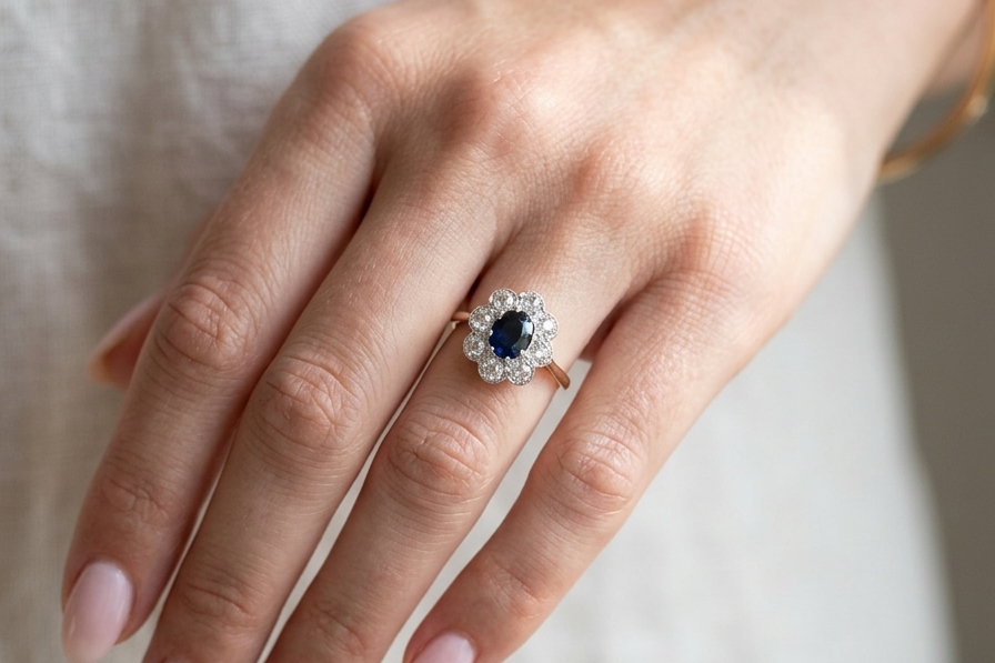 hand A striking vintage sapphire and diamond cluster ring dating from the 1930s–1940s, beautifully crafted in platinum and 18 carat gold. At the centre sits a richly coloured oval-cut sapphire of deep inky blue-black hue, measuring approximately 7 x 5mm and estimated at 0.75 carats.