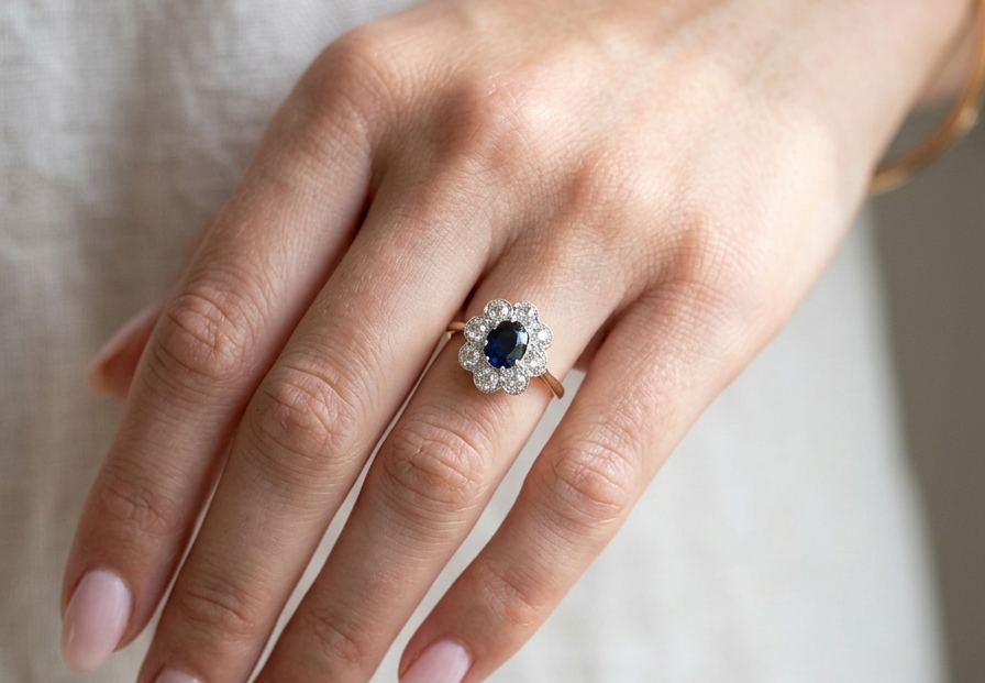 hand A striking vintage sapphire and diamond cluster ring dating from the 1930s–1940s, beautifully crafted in platinum and 18 carat gold. At the centre sits a richly coloured oval-cut sapphire of deep inky blue-black hue, measuring approximately 7 x 5mm and estimated at 0.75 carats.