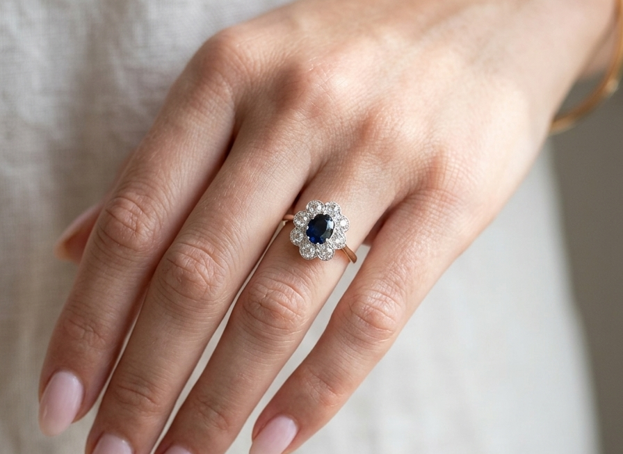 hand A striking vintage sapphire and diamond cluster ring dating from the 1930s–1940s, beautifully crafted in platinum and 18 carat gold. At the centre sits a richly coloured oval-cut sapphire of deep inky blue-black hue, measuring approximately 7 x 5mm and estimated at 0.75 carats.