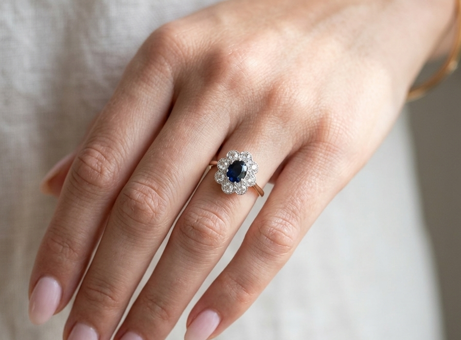 hand A striking vintage sapphire and diamond cluster ring dating from the 1930s–1940s, beautifully crafted in platinum and 18 carat gold. At the centre sits a richly coloured oval-cut sapphire of deep inky blue-black hue, measuring approximately 7 x 5mm and estimated at 0.75 carats.