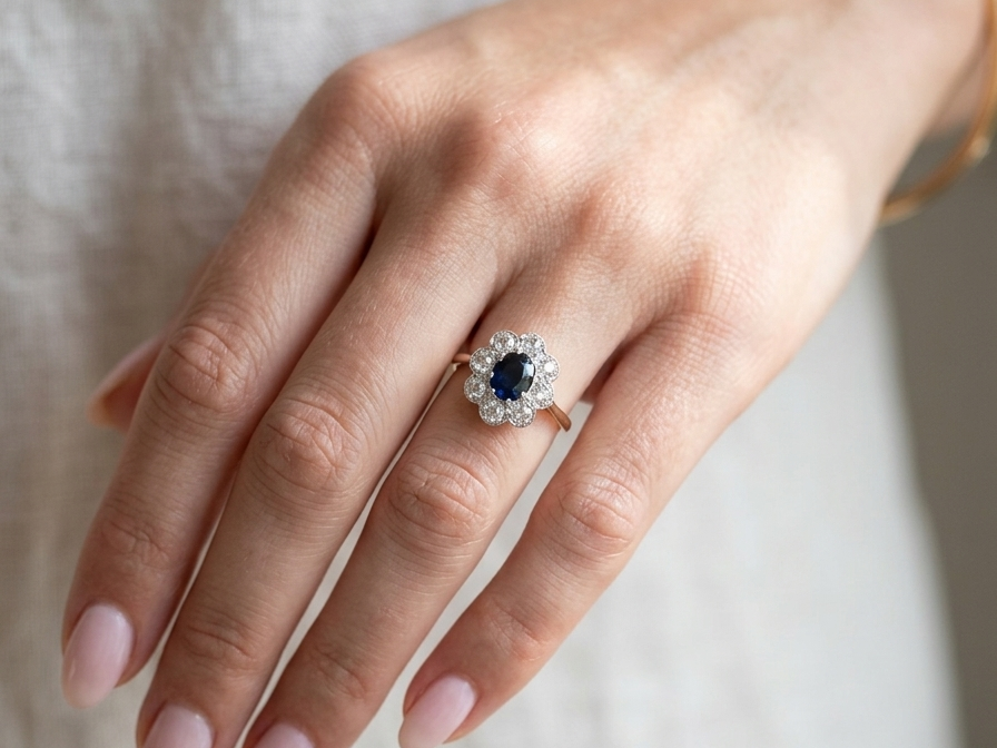 hand A striking vintage sapphire and diamond cluster ring dating from the 1930s–1940s, beautifully crafted in platinum and 18 carat gold. At the centre sits a richly coloured oval-cut sapphire of deep inky blue-black hue, measuring approximately 7 x 5mm and estimated at 0.75 carats.