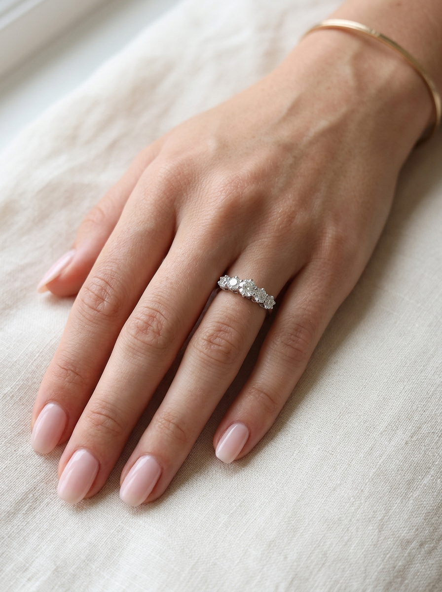 hand A stunning half hoop ring featuring five exceptional brilliant-cut white diamonds, expertly claw set in 18ct white gold.
The centre diamond measures approximately 5.8mm (estimated 0.70 carats), flanked by a 5.0mm diamond on each side, with 4.5mm diamonds at each end.