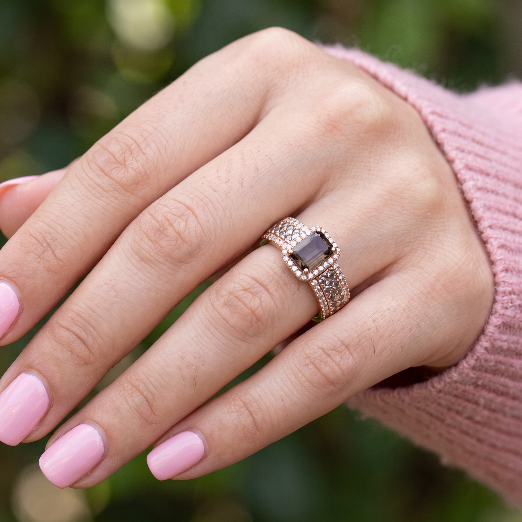 hand A stunning ring from the House of Le Vien. Crafted from 14ct Strawberry Gold, this Le Vian ring is characterised by a gallery of brown/white diamonds set into each shoulder