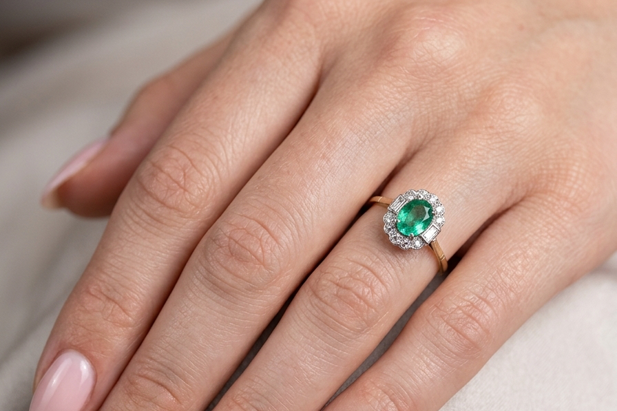 hand A stunning vintage cluster ring, set with an oval-cut emerald measuring 8 x 6mm, approximately 1.10 carats. The emerald displays a rich, deep grass-green colour with natural inclusions, typical of a genuine stone.