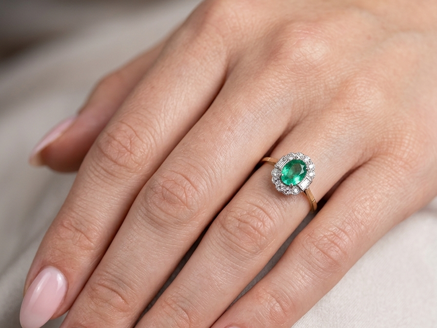 hand A stunning vintage cluster ring, set with an oval-cut emerald measuring 8 x 6mm, approximately 1.10 carats. The emerald displays a rich, deep grass-green colour with natural inclusions, typical of a genuine stone.