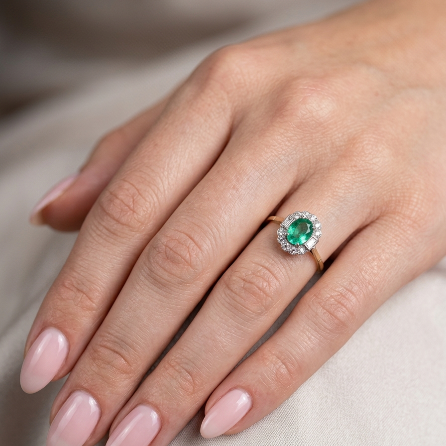 hand A stunning vintage cluster ring, set with an oval-cut emerald measuring 8 x 6mm, approximately 1.10 carats. The emerald displays a rich, deep grass-green colour with natural inclusions, typical of a genuine stone.