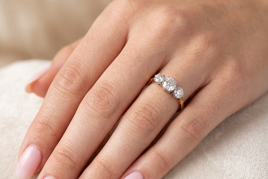 hand A three stone trilogy ring. The diamond centre stone measures 5.5mm (est 0.60 carats) each side a 4mm diamond , total estimated at 1.10 carats.