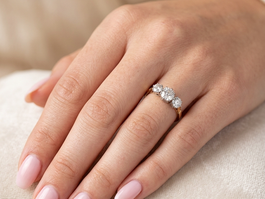 hand A three stone trilogy ring. The diamond centre stone measures 5.5mm (est 0.60 carats) each side a 4mm diamond , total estimated at 1.10 carats.