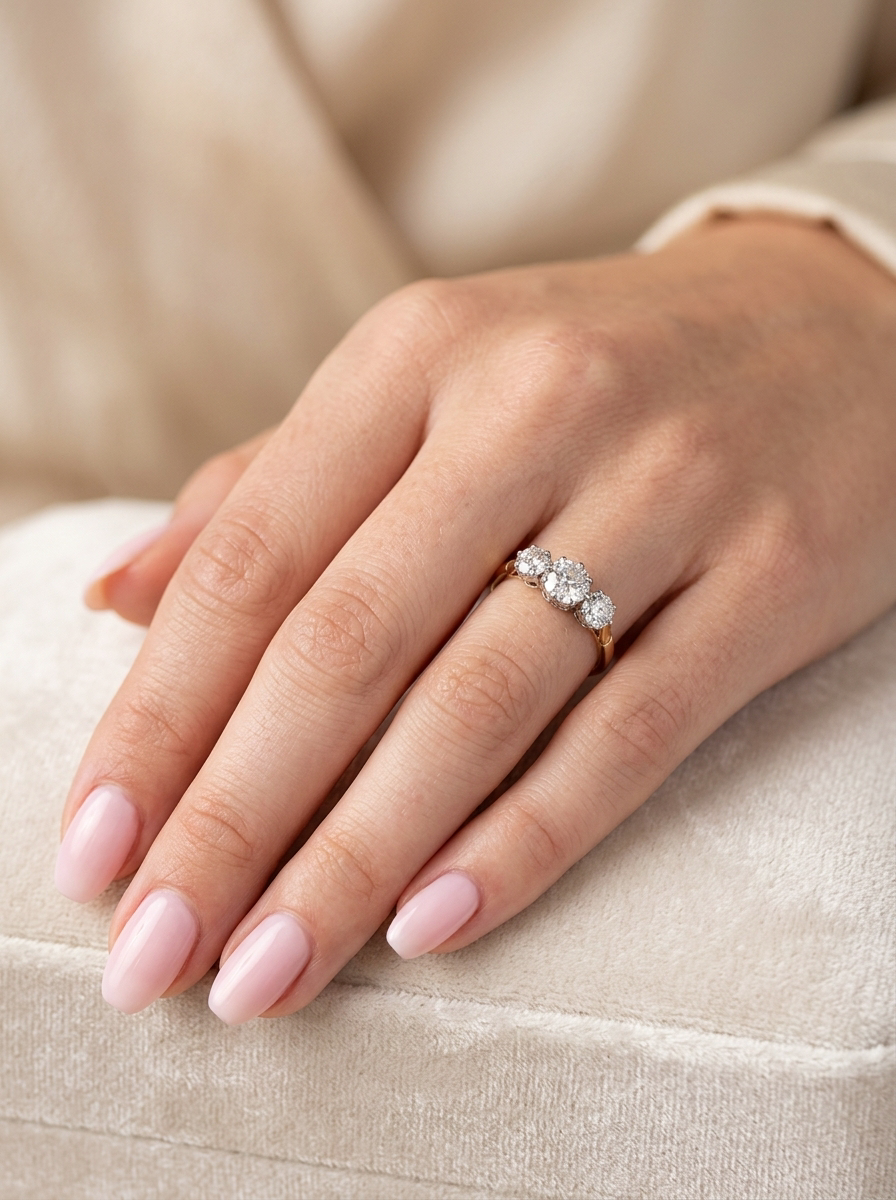 hand A three stone trilogy ring. The diamond centre stone measures 5.5mm (est 0.60 carats) each side a 4mm diamond , total estimated at 1.10 carats.