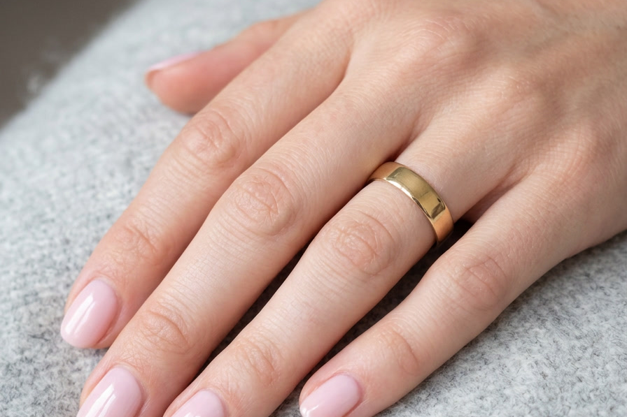 hand A traditional 18 carat gold wedding ring.
A flat to a slight D shape profile, width 3.6mm. Weight 2.2grams.