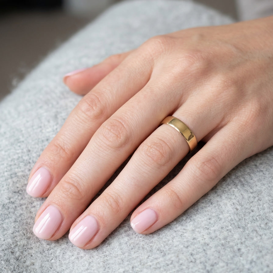 hand A traditional 18 carat gold wedding ring.
A flat to a slight D shape profile, width 3.6mm. Weight 2.2grams.