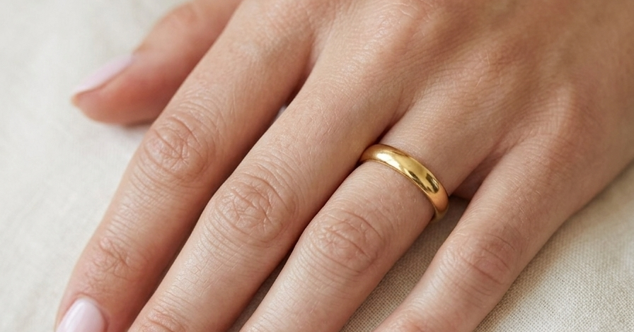 hand A traditional 18 carat gold wedding ring. D shape profile.
Substantial weight at 5.6grams