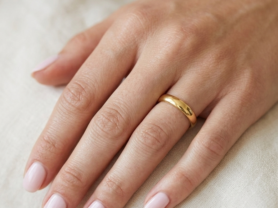 hand A traditional 18 carat gold wedding ring. D shape profile.
Substantial weight at 5.6grams