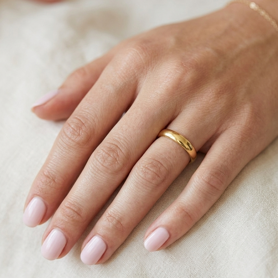 hand A traditional 18 carat gold wedding ring. D shape profile.
Substantial weight at 5.6grams