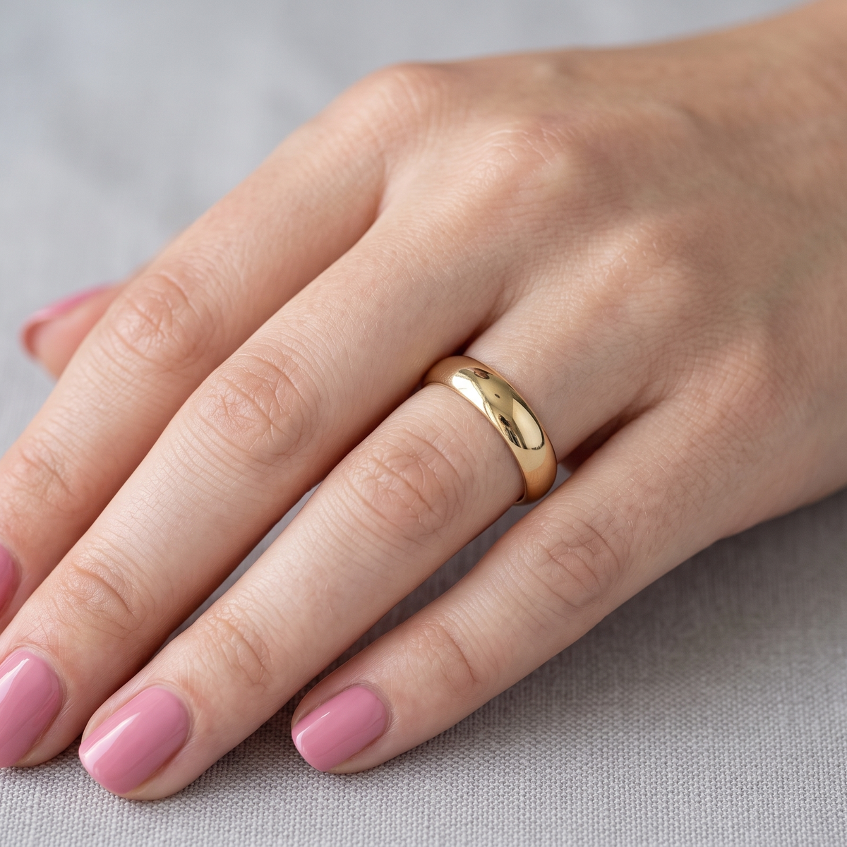 hand A traditional 9 carat gold wedding ring. 6mm width, D shape profile