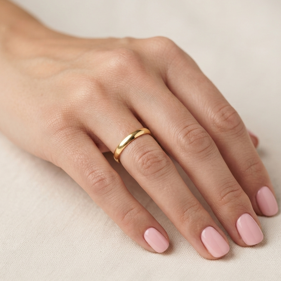 A close-up of a hand with light pink manicured nails wearing a simple, polished gold band ring on the ring finger, resting on a soft beige fabric background.
