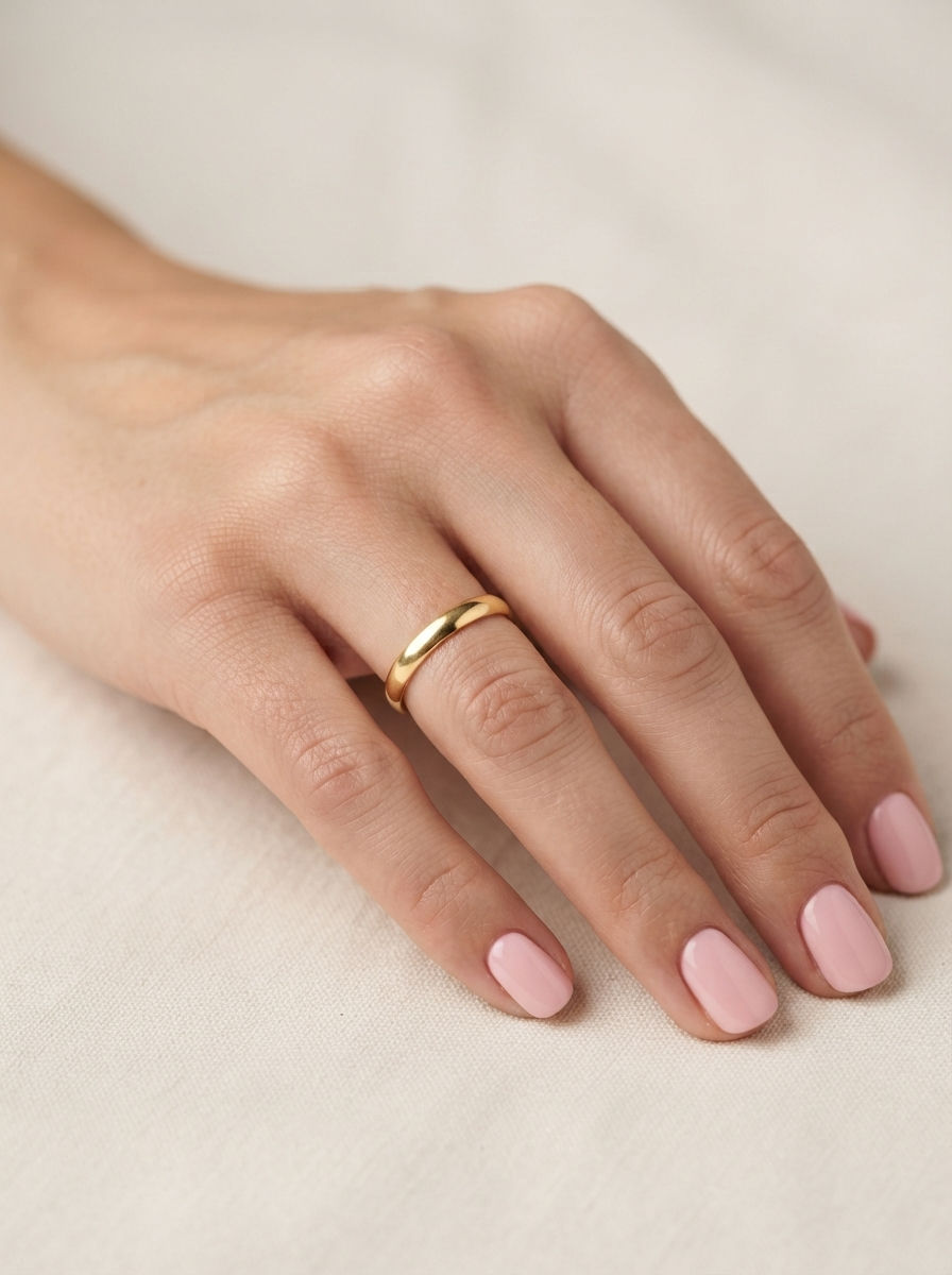 A close-up of a hand with light pink manicured nails wearing a simple, polished gold band ring on the ring finger, resting on a soft beige fabric background.