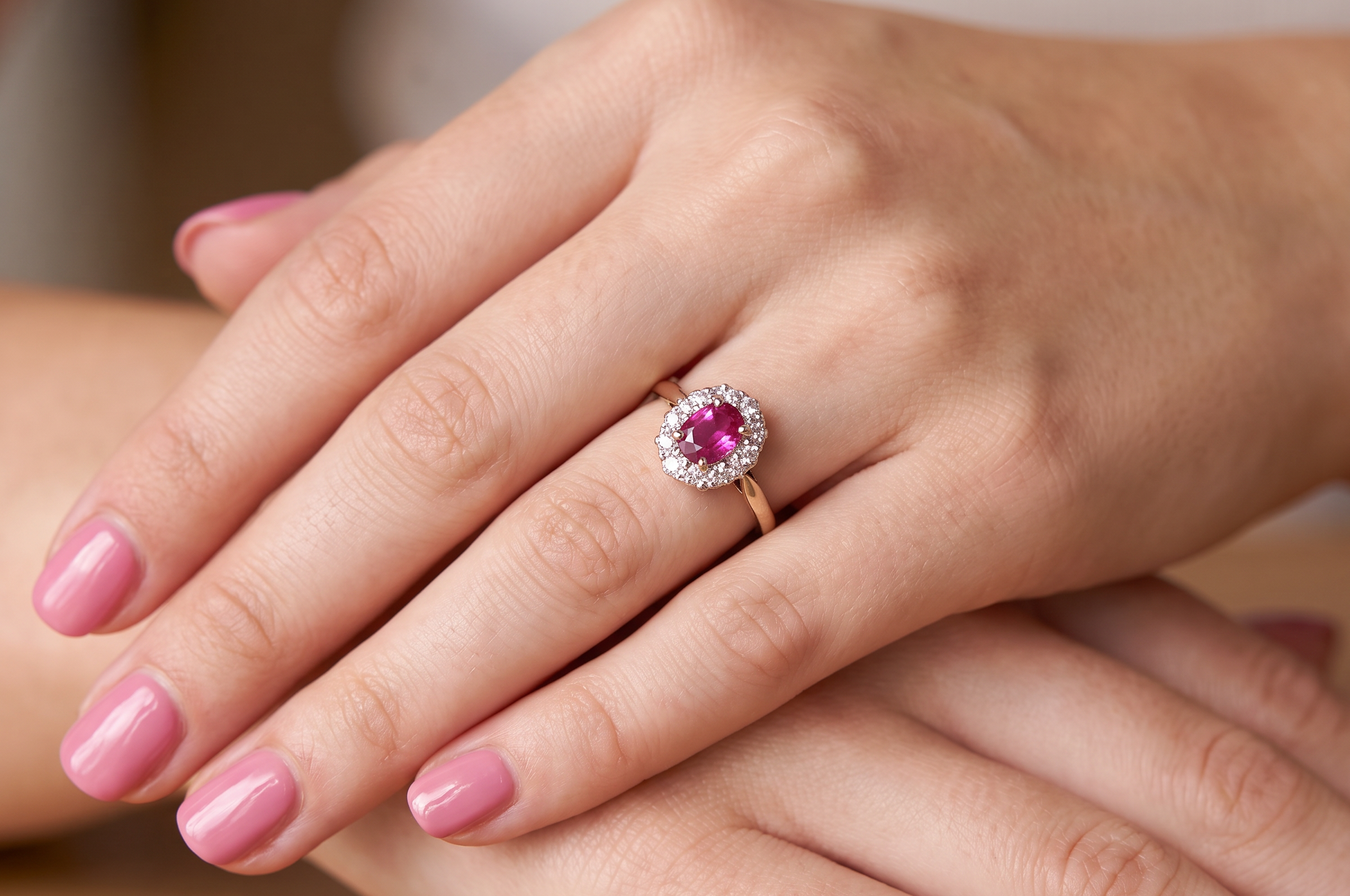 hand A traditional cluster ring. Features to the centre a dark pink red ruby, oval cut 6x4mm (0.50 carats)