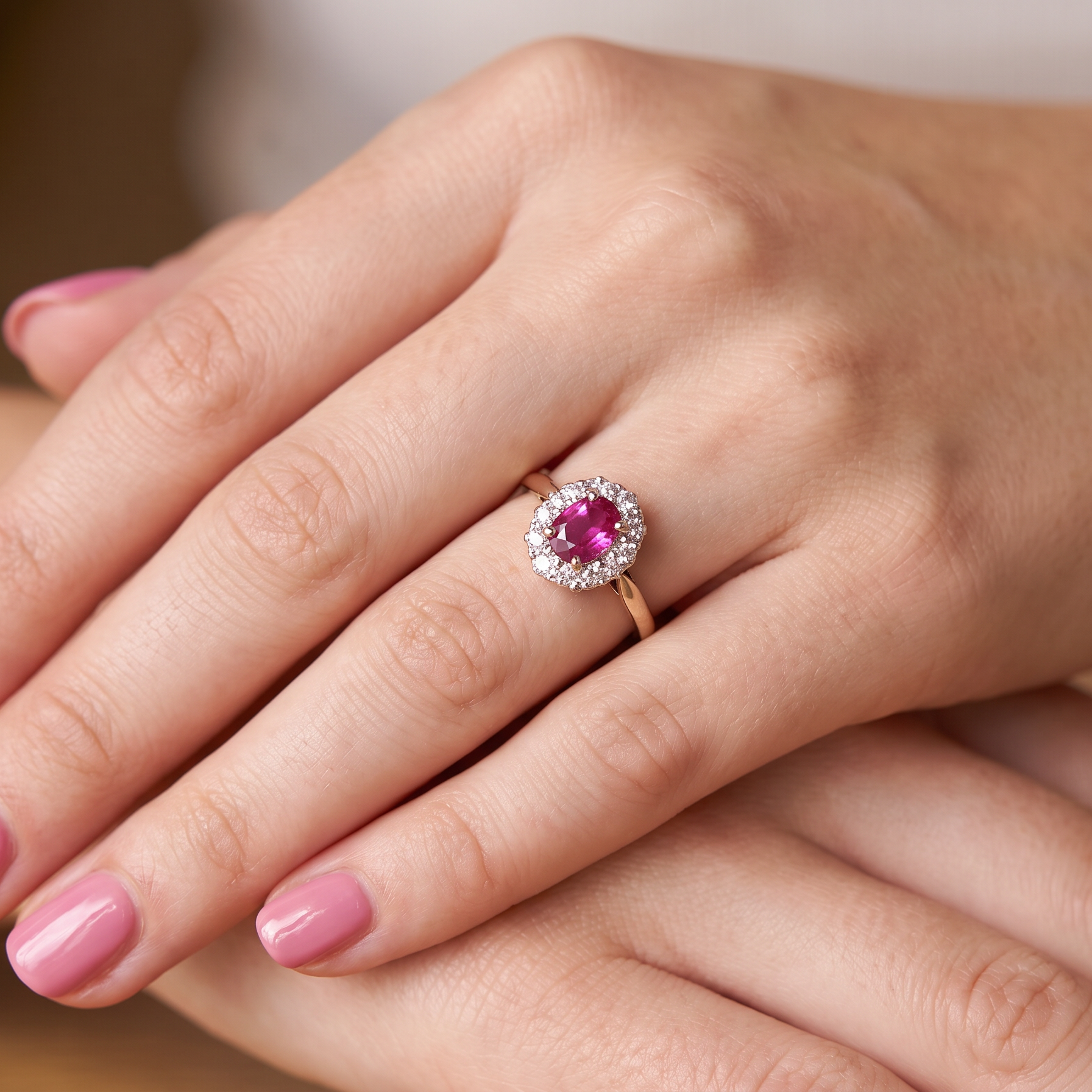hand A traditional cluster ring. Features to the centre a dark pink red ruby, oval cut 6x4mm (0.50 carats)