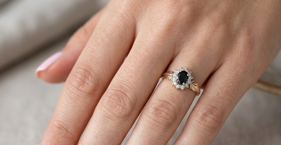 hand A traditional cluster ring that features to the centre a dark black blue oval cut sapphire 7x5mm (est 3/4 ct) claw set.