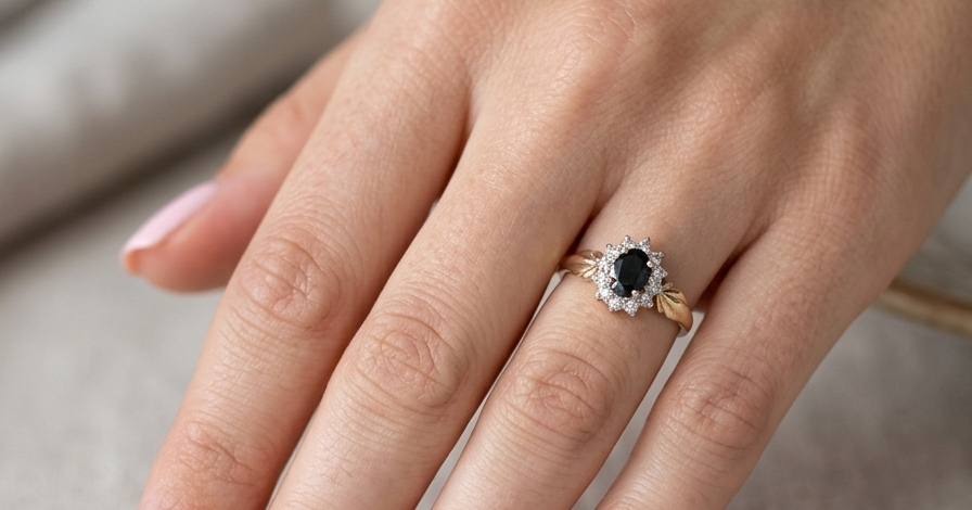 hand A traditional cluster ring that features to the centre a dark black blue oval cut sapphire 7x5mm (est 3/4 ct) claw set.