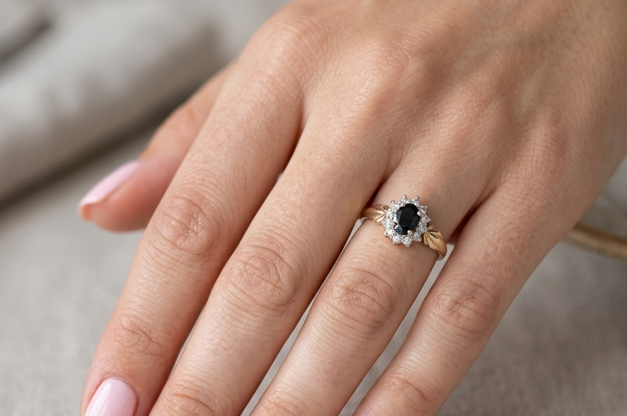 hand A traditional cluster ring that features to the centre a dark black blue oval cut sapphire 7x5mm (est 3/4 ct) claw set.