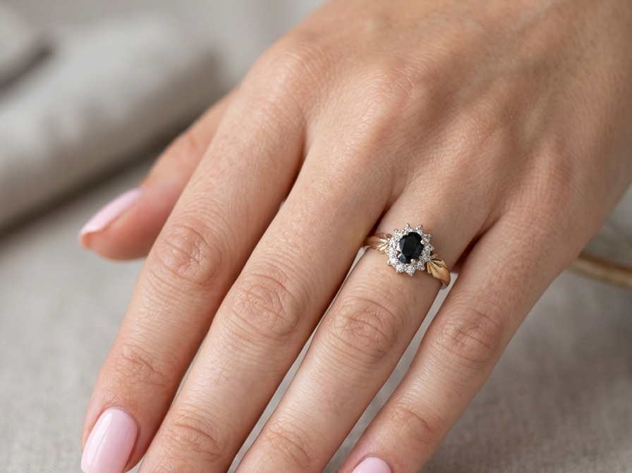 hand A traditional cluster ring that features to the centre a dark black blue oval cut sapphire 7x5mm (est 3/4 ct) claw set.