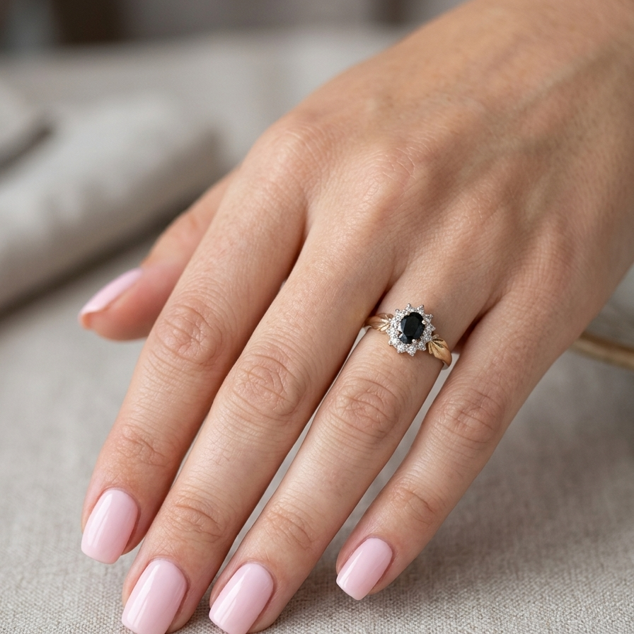 hand A traditional cluster ring that features to the centre a dark black blue oval cut sapphire 7x5mm (est 3/4 ct) claw set.