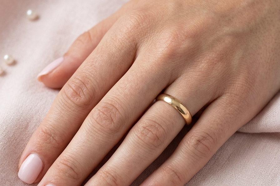 hand A traditional wedding ring. 22 carat gold (almost pure gold), D shape profile.
Width 4.7mm. Plain polished finish.