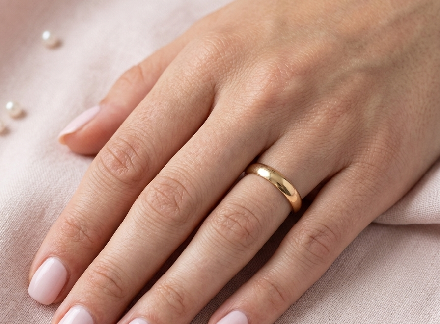 hand A traditional wedding ring. 22 carat gold (almost pure gold), D shape profile.
Width 4.7mm. Plain polished finish.