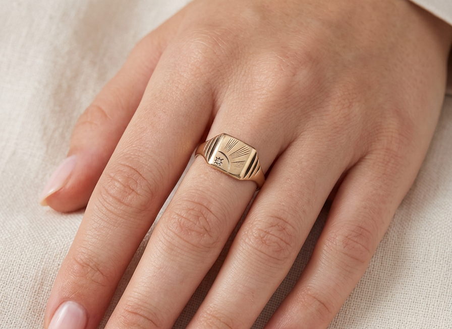 hand A unisex signet ring. Square head measures 8.5x8.5mm, sunray pattern and set with a 1mm diamond.
