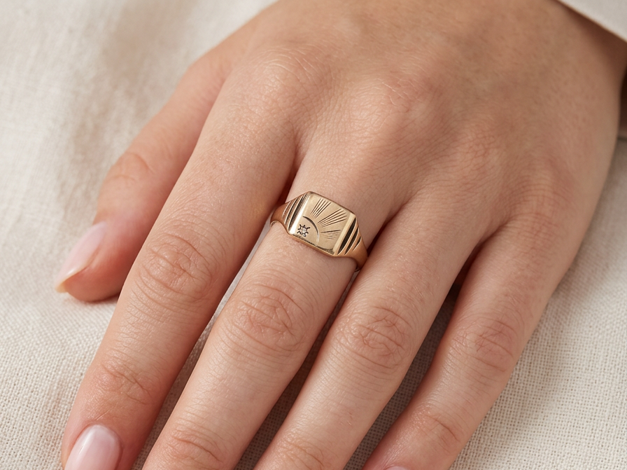 hand A unisex signet ring. Square head measures 8.5x8.5mm, sunray pattern and set with a 1mm diamond.