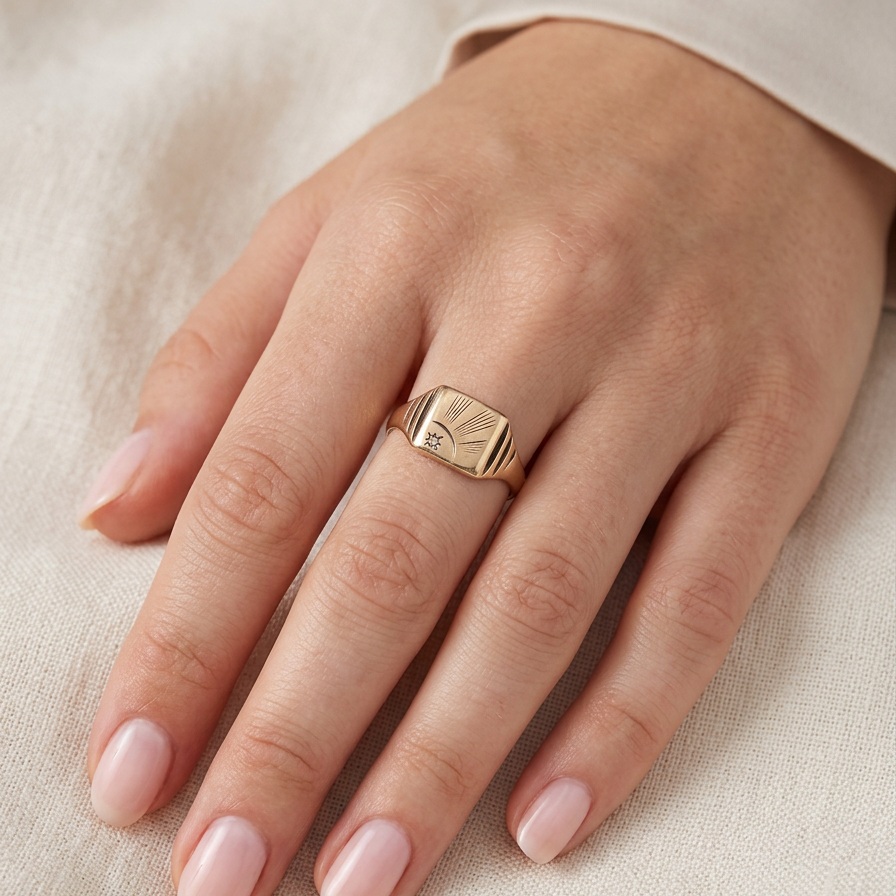 hand A unisex signet ring. Square head measures 8.5x8.5mm, sunray pattern and set with a 1mm diamond.