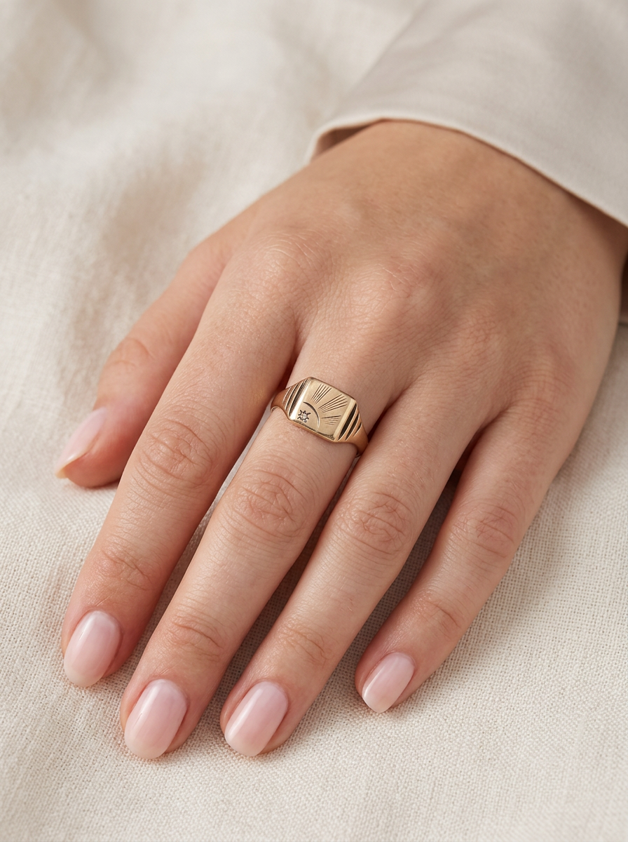 hand A unisex signet ring. Square head measures 8.5x8.5mm, sunray pattern and set with a 1mm diamond.