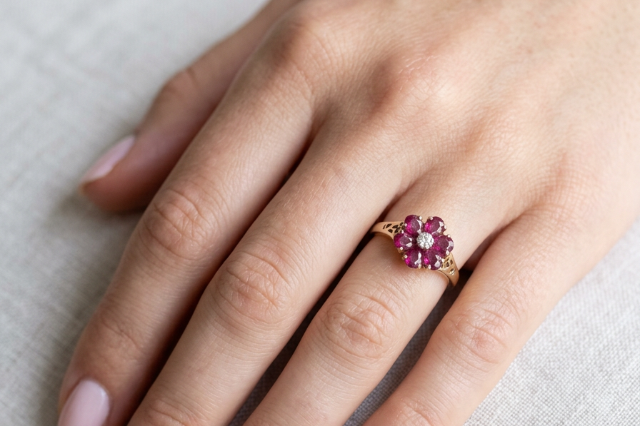 hand A very pretty 9 carat gold cluster ring. The centre stone a small illusion set diamond, 1.3mm
Surrounded by six pear shaped raspberry red rubies,