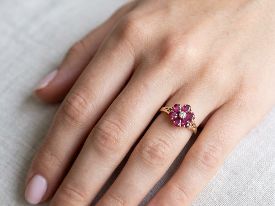 hand A very pretty 9 carat gold cluster ring. The centre stone a small illusion set diamond, 1.3mm
Surrounded by six pear shaped raspberry red rubies,