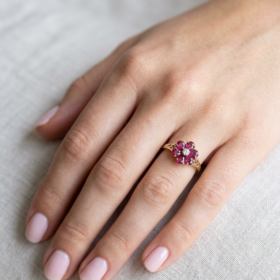 hand A very pretty 9 carat gold cluster ring. The centre stone a small illusion set diamond, 1.3mm
Surrounded by six pear shaped raspberry red rubies,