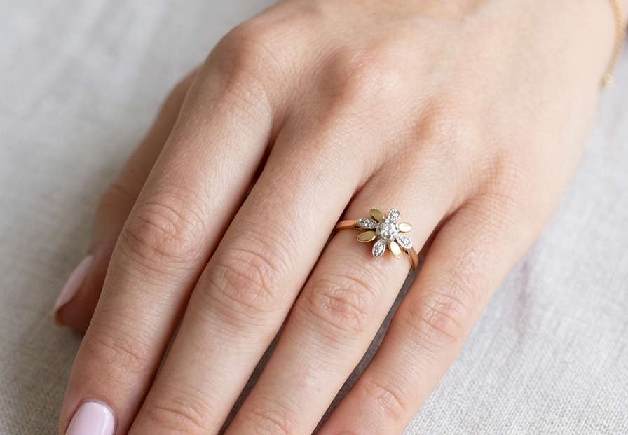 hand A very pretty cluster ring, a design from the 1950s. Its daisy style was popular during this period, and set with five small white diamonds (total est. 0.05 carats) set into platinum.