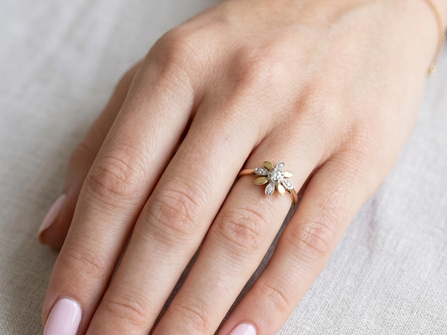 hand A very pretty cluster ring, a design from the 1950s. Its daisy style was popular during this period, and set with five small white diamonds (total est. 0.05 carats) set into platinum.