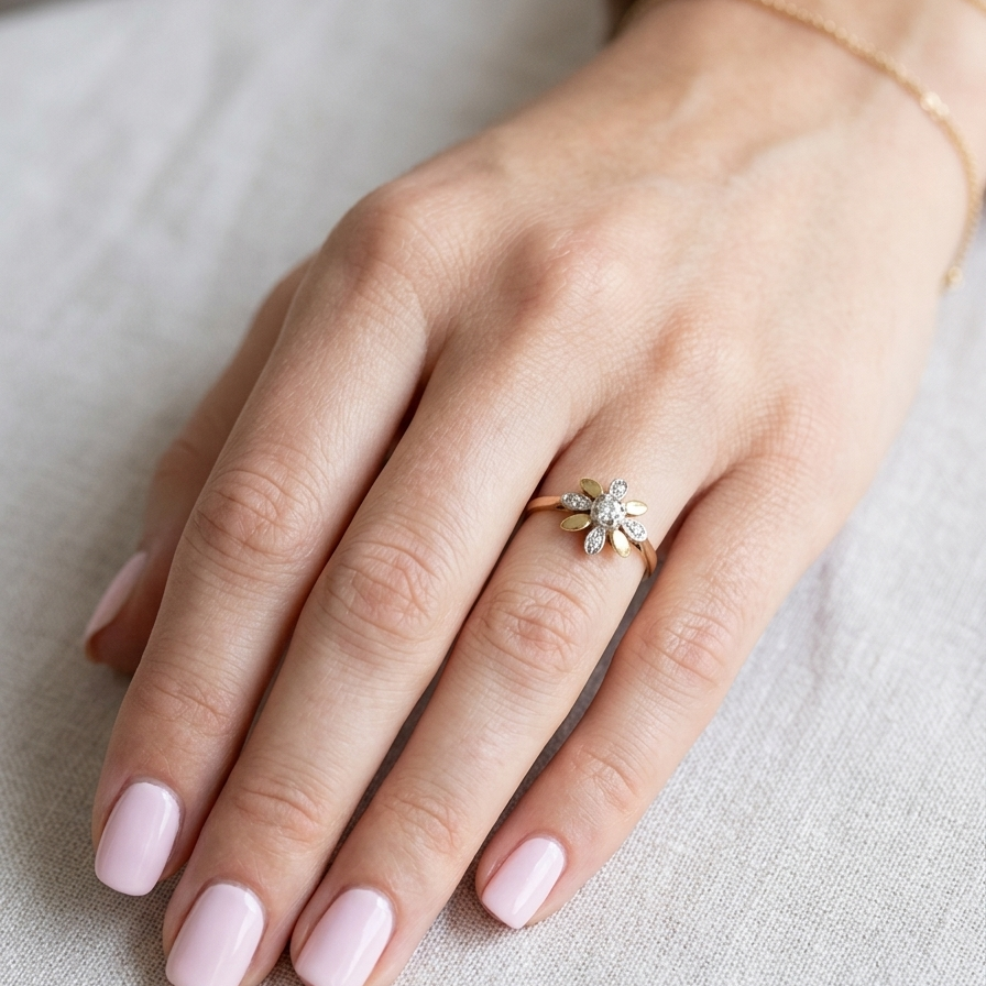 hand A very pretty cluster ring, a design from the 1950s. Its daisy style was popular during this period, and set with five small white diamonds (total est. 0.05 carats) set into platinum.