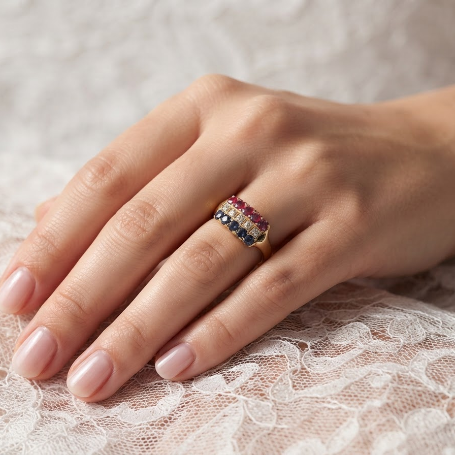 A close-up of a hand wearing a gold ring with rows of small pink, blue, and clear stones, resting on white lace fabric.