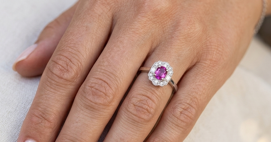 hand A very pretty ring that features an oval cut pink sapphire, 6x4mm (est 0.50 carats). 