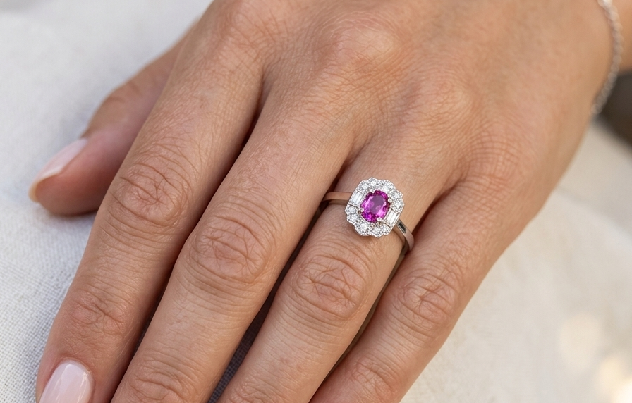 hand A very pretty ring that features an oval cut pink sapphire, 6x4mm (est 0.50 carats). 