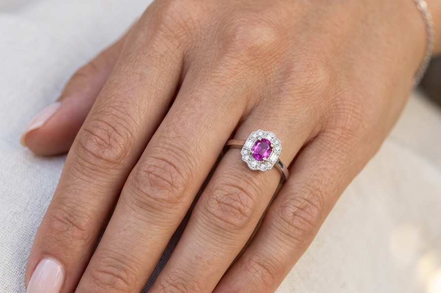 hand A very pretty ring that features an oval cut pink sapphire, 6x4mm (est 0.50 carats). 