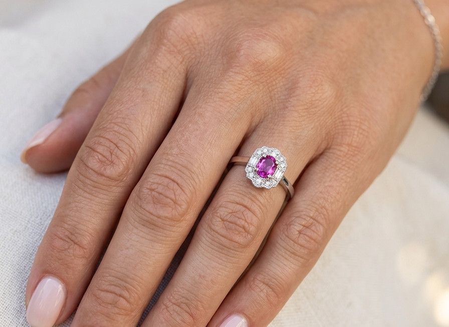 hand A very pretty ring that features an oval cut pink sapphire, 6x4mm (est 0.50 carats). 
