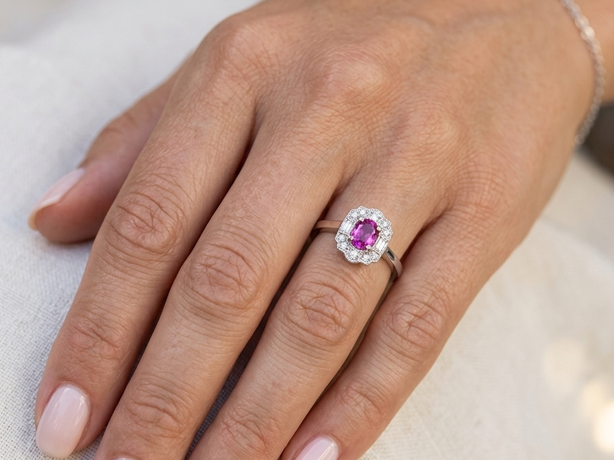 hand A very pretty ring that features an oval cut pink sapphire, 6x4mm (est 0.50 carats). 