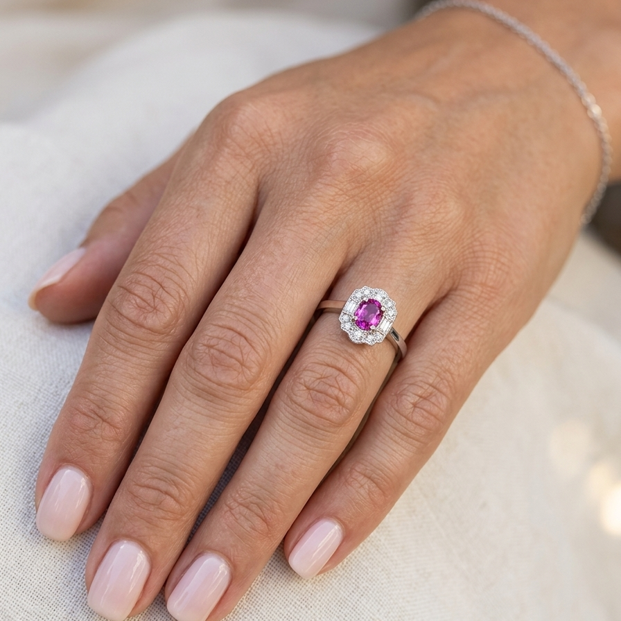 hand A very pretty ring that features an oval cut pink sapphire, 6x4mm (est 0.50 carats). 
