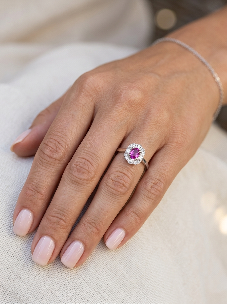 hand A very pretty ring that features an oval cut pink sapphire, 6x4mm (est 0.50 carats). 