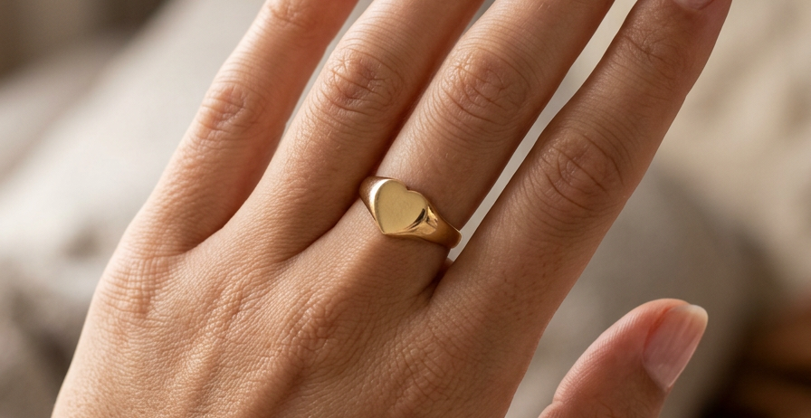 hand A very unusual signet ring, hallmarked in Birmingham in 1900.
The head is heart shaped and measures 11x10mm.