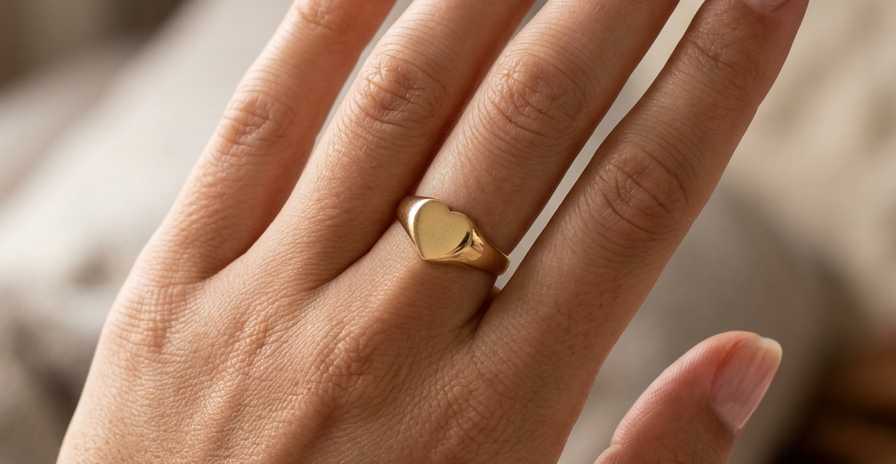 hand A very unusual signet ring, hallmarked in Birmingham in 1900.
The head is heart shaped and measures 11x10mm.